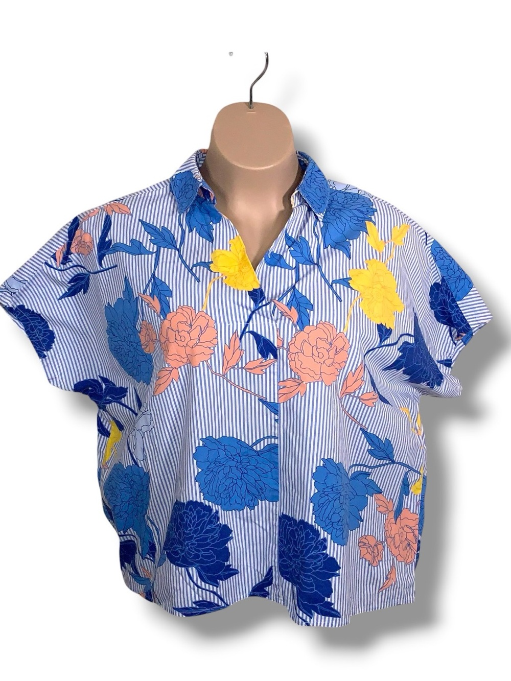 XL Belle Sky Blue Striped Floral Short Sleeve Button Up Top Shirt Colorful